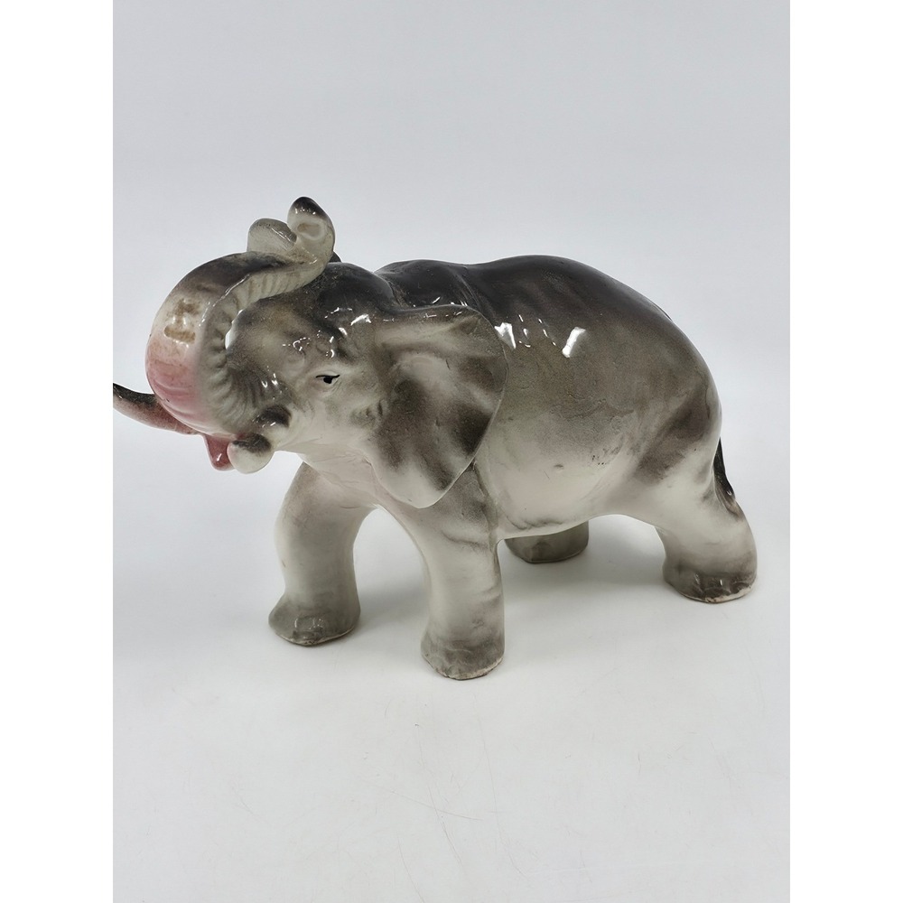 Vintage Japan Ceramic Elephant Figurine Gray Glossy Trunk Up Good Luck 6.5in